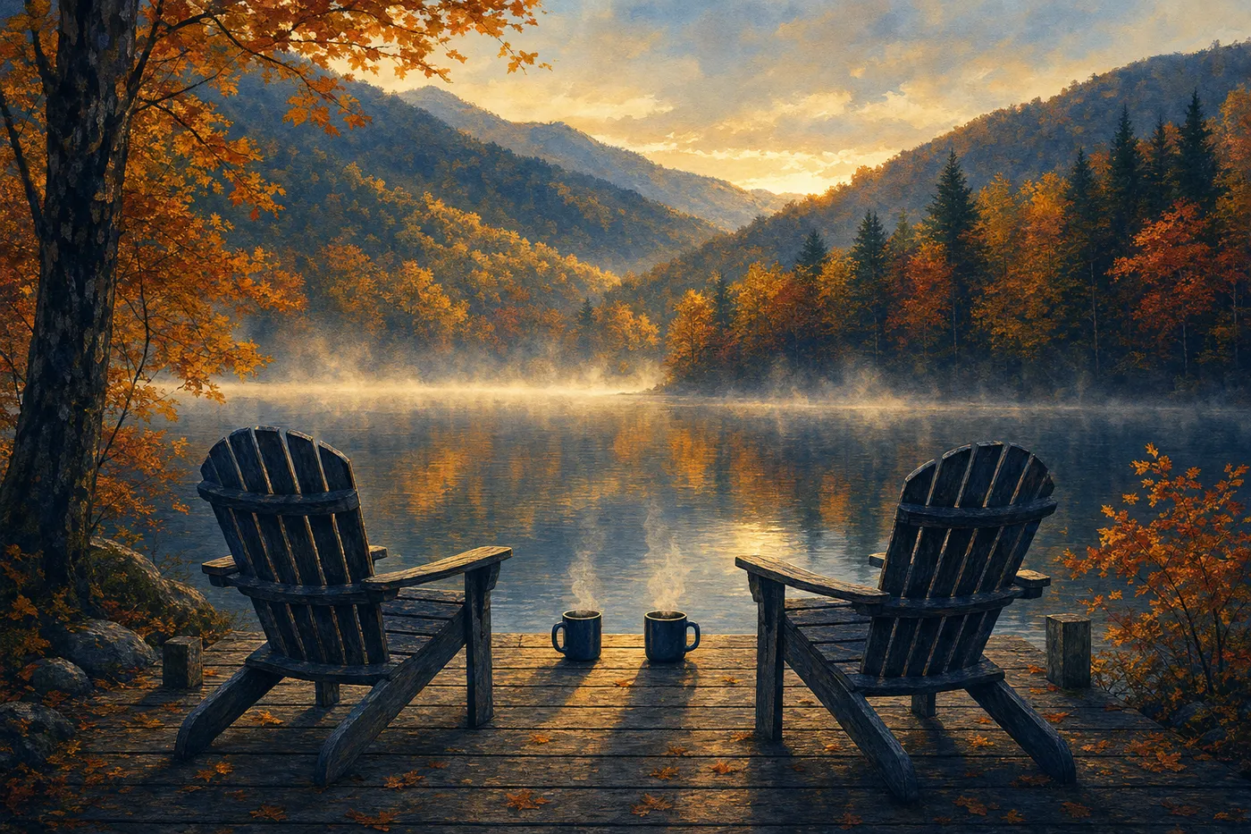 Painting of two empty chairs and two steaming mugs on a dock, overlooking a misty mountain lake at sunrise in autumn