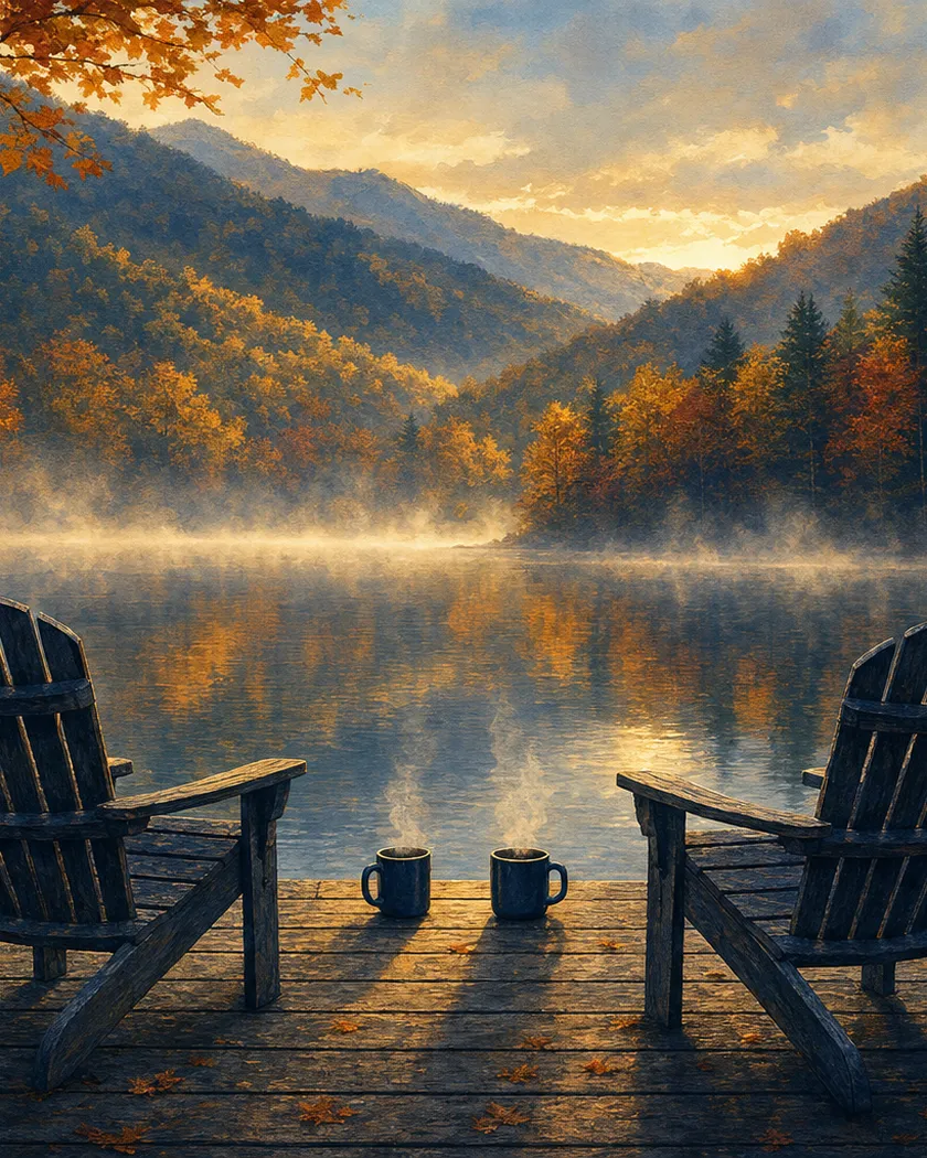 Women's Retreat, October 30 - November 1, 2026 at Woodlands Camp: painting of two chairs by a misty mountain lake at sunrise